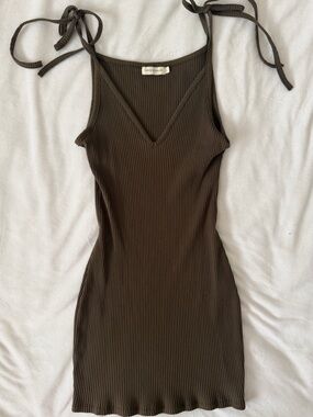 Ribbed Tie-Shoulder Mini Dress in Olive Green